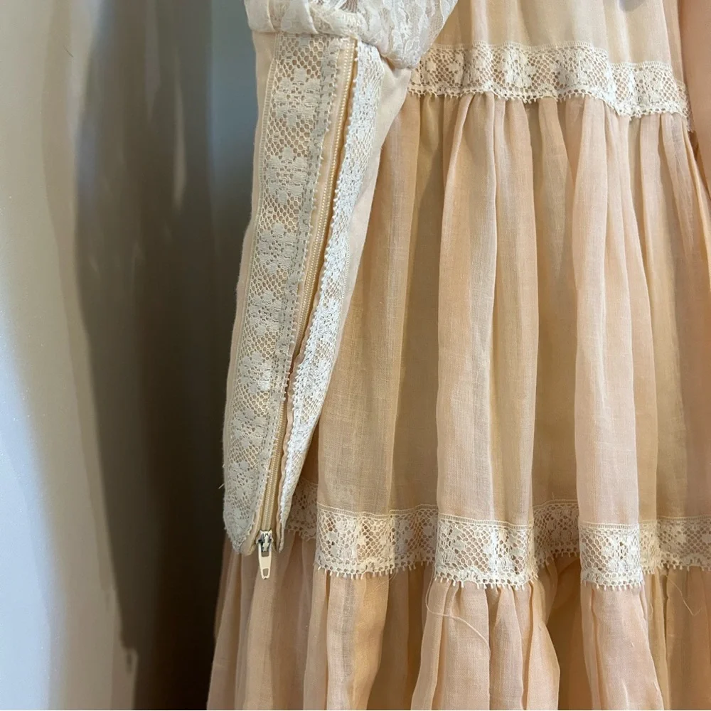 VTG 70s Gunne Sax Prairie Dress Gown Blush Pink Lace Prom Homecoming Sz 9 - Picture 6 of 9